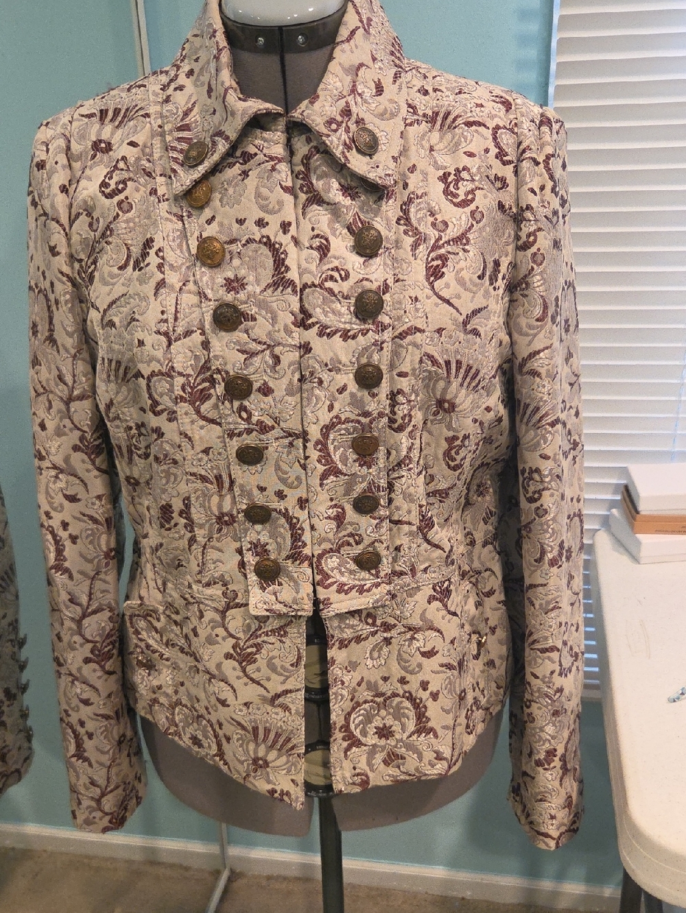 Women's Cream Floral Brocade Military-Style Jacket